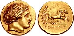 Greek KINGS of MACEDON. temp. Philip II – Alexander III. Circa 340/36-328 BC. AV Stater (19mm, 8.60 g, 11h). In the name and types of Philip II. Pella mint. Head of Apollo right, wearing laurel wreath