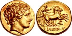 Greek KINGS of MACEDON. temp. Philip III – Kassander. Circa 323/2-315 BC. AV Stater (17.5mm, 8.58 g, 1h). In the name and types of Philip II. Amphipolis mint(?). Head of Apollo right, wearing laurel w