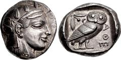 Greek ATTICA, Athens. Circa 465/2-454 BC. AR Tetradrachm (22.5mm, 17.19 g, 9h). Head of Athena right, with frontal eye, wearing earring, necklace with pendants, and crested Attic helmet decorated with