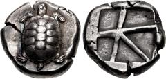 Greek ISLANDS off ATTICA, Aegina. Circa 456/45-431 BC. AR Stater (20mm, 12.39 g, 9h). Land tortoise, head in profile, with segmented shell / Large square incuse with heavy skew pattern. Meadows, Aegin