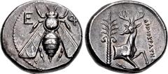 Greek IONIA, Ephesos. Circa 390-325 BC. AR Tetradrachm (24.5mm, 15.18 g, 12h). Demokrates, magistrate. Struck circa 350-340 BC. Bee with straight wings; E-Φ flanking head / Forepart of stag right, hea