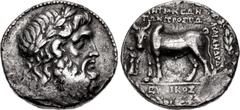 Greek CARIA, Antioch ad Maeandrum. Mid 2nd century BC. AR Tetradrachm (25mm, 13.33 g, 12h). Stephanophoric type. Eunikos, magistrate. Bearded head of Zeus right, wearing laurel wreath / Zebu bull stan