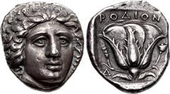 Greek ISLANDS off CARIA, Rhodos. Rhodes. Circa 404-385 BC. AR Tetradrachm (22.5mm, 15.23 g, 12h). Chian standard. Head of Helios facing slightly right / Rose in profile, with grain ear 'budding' to le