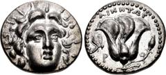 Greek ISLANDS off CARIA, Rhodos. Rhodes. Circa 205-190 BC. AR Tetradrachm (25mm, 13.48 g, 12h). Chian standard. Ainetor, magistrate. Radiate head of Helios facing slightly right / Rose in profile, wit