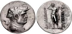 Oriental Greek BAKTRIA, Greco-Baktrian Kingdom. Demetrios I Aniketos. Circa 200-185 BC. AR Tetradrachm (34mm, 16.87 g, 12h). Diademed and draped bust right, wearing elephant skin headdress / BAΣIΛEYΩΣ