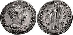 Roman Provincial CILICIA, Seleucia ad Calycadnum. Geta. As Caesar, AD 198-209. AR Tridrachm (24mm, 8.63 g, 6h). Π CЄΠT ΓЄTAC KAI, bareheaded and draped bust right / CЄΛЄVKЄΩN TΩN ΠPOC TΩ KAΛV, K-A-ΔNΩ