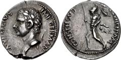 Roman Imperial Vitellius. AD 69. AR Denarius (17mm, 3.58 g, 5h). Spanish mint (Tarraco?). Struck circa January-June AD 69. Λ VITELLIVS IMP GERMΛN, laureate head left, globe at point of neck / CONSENSV