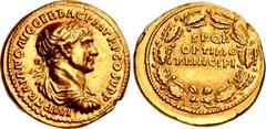 Roman Imperial Trajan. AD 98-117. AV Aureus (19mm, 7.37 g, 6h). Rome mint. Struck circa AD 107. IMP TRAIANO AVG GER DAC P M TR P COS V P P, laureate, draped, and cuirassed bust right / S P • Q R/ OPTI