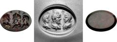Roman Imperial Septimius Severus, with Caracalla and Geta as Caesar. AD 193-211. Heliotrope intaglio (17x13mm). Face engraved with three portraits: Septimius Severus in center facing youthful Caracall