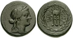 LYDIA, Thyateira. 2nd century BC. Æ 20mm (9.73 g). Laureate head of Apollo right / Filleted tripod; monogram above; all within wreath. BMC Lydia p. 292, 3. VF, dark green, almost black, patina.