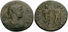 LYDIA, Sala. Elagabalus. AD 218-222. Æ 28mm (13.67 g). Lucius Corn[elius], magistrate. Laureate and cuirassed bust right / Hygeia standing right, feeding serpent held in arms facing Aesclepius standin