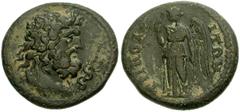LYDIA, Tripolis. Circa 3rd century AD. Æ 19mm (4.12 g). Bust of Aesclepius right, serpent-staff before / Winged Nemesis standing left, pulling at chiton at neck and holding bridle. BMC Lydia p. 366, 1