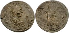 PAMPHYLIA, Sillyum. Valerian II. Caesar, AD 256-258. Æ 10 Assaria (33mm, 17.10 g). Laureate, draped and cuirassed bust right; I before / Aesclepius standing left, leaning on serpent-staff. SNG von Aul
