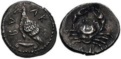Greek SICILY, Akragas. Circa 450-440 BC. AR Litra (9.5mm, 0.71 g, 5h). Eagle standing left on Ionic capital / Crab; ΛI (mark of value) below. Westermark, Coinage, Period II, Series B.1, 455–504; HGC 2