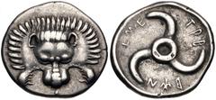 Greek DYNASTS of LYCIA. Trbbenimi. Circa 390-375 BC. AR Third Stater (17mm, 3.11 g). Wedrei mint. Facing lion scalp; small F below / Triskeles. Podalia 329–31 (a7[i]/p14); Müseler VIII, 25–7; Falghera