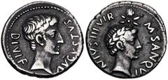 Roman Imperial Augustus, with Divus Julius Caesar. 27 BC-AD 14. AR Denarius (19mm, 3.56 g, 7h). Rome mint; M. Sanquinius, moneyer. Struck 17 BC. Bare head of Augustus right / M • SANQVI NIVS • III • V
