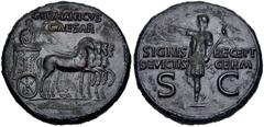 Roman Imperial Germanicus. Died AD 19. Æ Dupondius (29mm, 16.51 g, 7h). Rome mint. Struck under Gaius (Caligula), AD 37-41. GERMANICVS/ CAESAR in two lines above, Germanicus, bareheaded and draped, st