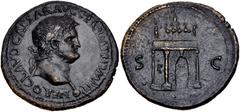 Roman Imperial Nero. AD 54-68. Æ Sestertius (33mm, 21.07 g, 6h). Lugdunum (Lyon) mint. Struck circa AD 65. Laureate head right, globe at point of neck / Triumphal arch surmounted by statue of emperor 