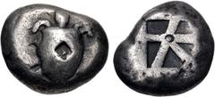 Greek ISLANDS off ATTICA, Aegina. Circa 500/490-480 BC. AR Stater (19mm, 12.07 g, 1h). Sea turtle [with thick collar and row of dots down its back] / Small incuse square with skew pattern. Meadows, Ae