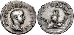 Roman Imperial Gordian III. As Caesar, AD 238. AR Denarius (20mm, 2.43 g, 12h). Rome mint. 1st emission of Balbinus & Pupienus. Bareheaded and draped bust right / Emblems of the pontificate: lituus, s