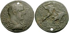 LYDIA, Blaundus. Trebonianus Gallus. AD 251-253. Æ 36mm (18.98 g). Laureate, draped and cuirassed bust right, seen from behind / Herakles standing left, raising club overhead, left knee on the back of