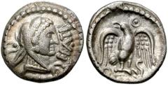 CELTIC, Britain. Trinovantes & Catuvellauni. Epaticcus. Circa AD 35-43. AR Unit (12mm, 1.20 g). Head of Hercules right, wearing lion skin headdress; pellet in hook behind / Eagle standing facing, head
