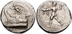 KINGS of MACEDON. Demetrios I Poliorketes. 306-283 BC. AR Tetradrachm (27mm, 17.08 g). Tarsos mint. Struck circa 298-295 BC. Nike on prow of galley left, blowing trumpet / Poseidon Pelagaios throwing 