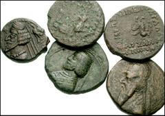 ORIENTAL GREEK. Parthia. Lot of five mixed Æ. Includes: Mithradates II. Tetrachalkon. Sellwood 28.8 // Another. Cf. Sellwood 28.8-10 // Phraates III. Tetrachalkon. Cf. Sellwood 36.19 (Darius?) // Anot