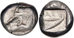 Greek LYCIA, Phaselis. Circa 500-440 BC. AR Stater (19.5mm, 10.99 g, 2h). Prow of galley left in the form of a forepart of a boar / Stern of galley right within incuse square. Heipp-Tamer Series 4, Em