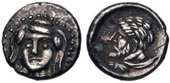 Greek CILICIA, Uncertain. 4th century BC. AR Hemiobol (7mm, 0.33 g, 3h). Veiled and draped bust of female facing slightly left, wearing earrings and necklace / Bearded head of Herakles left, lion skin