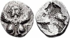 SPAIN, Emporion. Circa 450-425 BC. AR Trihemiobol (0.89 g). Two confronted sphinxes, their heads joined in janiform style / Rough incuse. Aureo (16 March 2006), lot 6; Aureo (27 February 2002), lot 16
