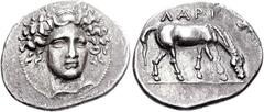 THESSALY, Larissa. Circa 400-380 BC. AR Drachm (5.99 g, 1h). Head of the nymph Larissa facing slightly right, hair in ampyx / LARI, horse grazing right. Lorber, Early 71 (same obv. die; this coin refe