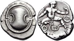 BOEOTIA, Thebes. Circa 405-395 BC. AR Stater (12.02 g). Boeotian shield / The infant Herakles seated facing, head right, strangling two serpents; Q-E below; all within concave incuse. BCD Boiotia 459;