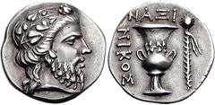 CYCLADES, Naxos. Late 3rd-mid 2nd century BC. AR Didrachm (7.77 g, 1h). Nikos, magistrate. Head of Dionysos right, wearing ivy wreath / NAXI, garlanded crater; NIKOS to left, filleted thyrsos to right