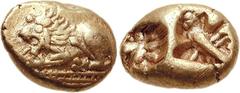 LYDIA, Uncertain (Sardis?). Circa 650-550 BC. EL Hekte – 1/6 Stater (2.39 g). Lion lying left within rectangular frame / Double incuse punches, one with stellate pattern, the other with a bird left (e