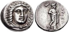 SATRAPS of CARIA. Hidrieus. Circa 351/0-344/3 BC. AR Drachm (3.77 g, 12h). Head of Apollo facing slightly right, wearing laurel wreath, drapery at neck / IDRIEWS, Zeus Labraundos standing right. Trait