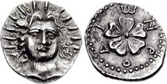 ISLANDS off CARIA, Rhodos. Rhodes. Early 1st century AD. AR Reduced Drachm (2.84 g, 9h). Facing radiate head of Helios / RODIWN, rose seen from above. Ashton & Weiss 7 (O1/R7 - this coin illustrated);