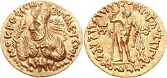 INDIA, Kushan Empire. Vima Kadphises. Circa AD 100-127/8. AV Dinar (7.97 g, 12h). Mint A. 4th emission. BACILEYC OOH-MO KADFICHC, diademed and crowned half-length bust of Vima Kadphises left on clouds