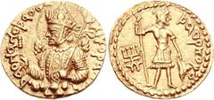 INDIA, Kushan Empire. Huvishka. Circa AD 152-192. AV Dinar (7.96 g, 12h). Mint A. 3rd emission. PAOhAhOPAO OOhPKI KOPA[hO] (first two hs retrograde), nimbate, diademed, and crowned half-length bust of