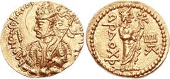 INDIA, Kushan Empire. Huvishka. Circa AD 152-192. AV Dinar (8.00 g, 12h). Mint A. 4th emission. PAOhAhOPAO OO-[hP]KI KOPAhO (hs retrograde), nimbate, diademed, and crowned half-length bust of Huvishka