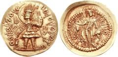 INDIA, Kushan Empire. Vasudeva II. Circa AD 290-310. AV Dinar (7.89 g, 12h). Mint C. 4th phase; 3rd emission. POOhOPOO BO–•OOPO VOBOhO (second P retrograde, second h retrograde & inverted), Vasudeva, 