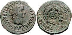 Tiberius. AD 14-37. Æ As (10.84 g, 6h). Bilbilis mint. L. Aelius Sejanus, praetorian consul. Struck AD 31. TI • CAESAR • DIVI • AVGVSTI • F • AVGVSTVS•, laureate head right / MV (ligate) • AV(ligate)G