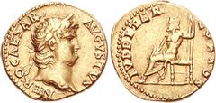 Nero. AD 54-68. AV Aureus (7.38 g, 6h). Rome mint. Struck circa 64-65 AD. NERO CAESAR AVGVSTVS, laureate head right / IVPPITER CVSTOS, Jupiter seated left, holding thunderbolt in right hand, scepter i