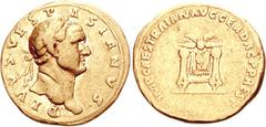 Divus Vespasian. Died AD 79. AV Aureus (6.96 g, 8h). Rome mint. Restoration issue struck under Trajan, AD 107. DIVVS. VESPASIANVS., laureate head of Vespasian right / IMP CAES TRAIAN AVG GER DAC P P R