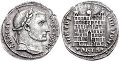 Maximinus II. As Caesar, AD 305-309. AR Argenteus (3.23 g, 11h). Antioch mint, 8th officina. Struck AD 305. MAXIMI-NVS CAESAR, Laureate head right / VIRTVS MILITVM, camp gate of three turrets with ope