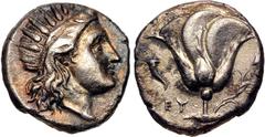 Greek ISLANDS off CARIA, Rhodos. Rhodes. Circa 305-275 BC. AR Didrachm (18.5mm, 6.49 g, 12h). Radiate head of Helios right / Rose with bud to right; cornucopia and EY to left. Ashton 165; Ashton, Colo