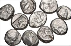 Large Lots GREEK. Asia Minor. Lot of ten (10) AR staters from Southern Asia Minor. Includes: CARIA, Uncertain (Mylasa?). Circa 500-450 BC. Forepart of lion right / Incuse square divided by band // LYC