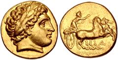 Greek KINGS of MACEDON. Philip III Arrhidaios. 323-317 BC. AV Stater (17.5mm, 8.53 g, 7h). In the types of Philip II. Sardes mint. Laureate head of Apollo right / Charioteer, holding kentron and reins