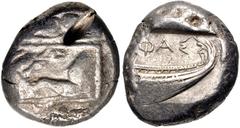 Greek LYCIA, Phaselis. Circa 500-440 BC. AR Stater (18mm, 11.01 g, 4h). Prow of galley left in the form of a forepart of a boar / Stern of galley right within incuse square. Heipp-Tamer Series 4, Emis