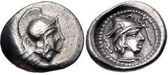 Greek LYCIA, Xanthos. temp. Vekhssere II, 400-380 BC. AR Sixth Stater – Diobol (14mm, 1.27 g, 7h). Helmeted head of Athena right / Head of Hermes right, wearing winged petasos; diskeles to left, keryk